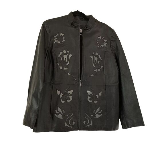 Nolan Miller Stiff Leather Jacket Glamour Women’s Large Black & Gray Embroidery - Picture 2 of 9